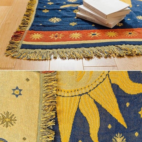 Bohemian Vintage Sun/Moon Retro Reversible Throw Blanket for Sofa/Bed/Dorm/Patio - Picture 3 of 8